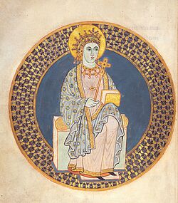 Abbildung einer sitzenden Frau in einer mittelalterlichen Handschrift